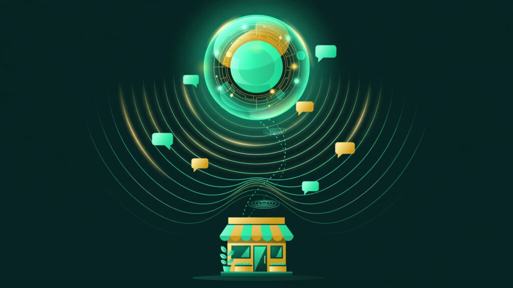 Illustration for the AEO guide: a glowing AI orb answering a local storefront