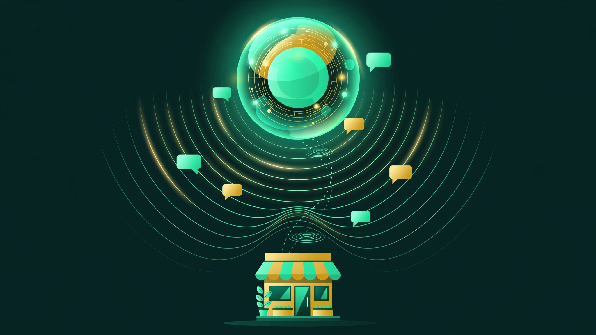 Illustration for the AEO guide: a glowing AI orb answering a local storefront