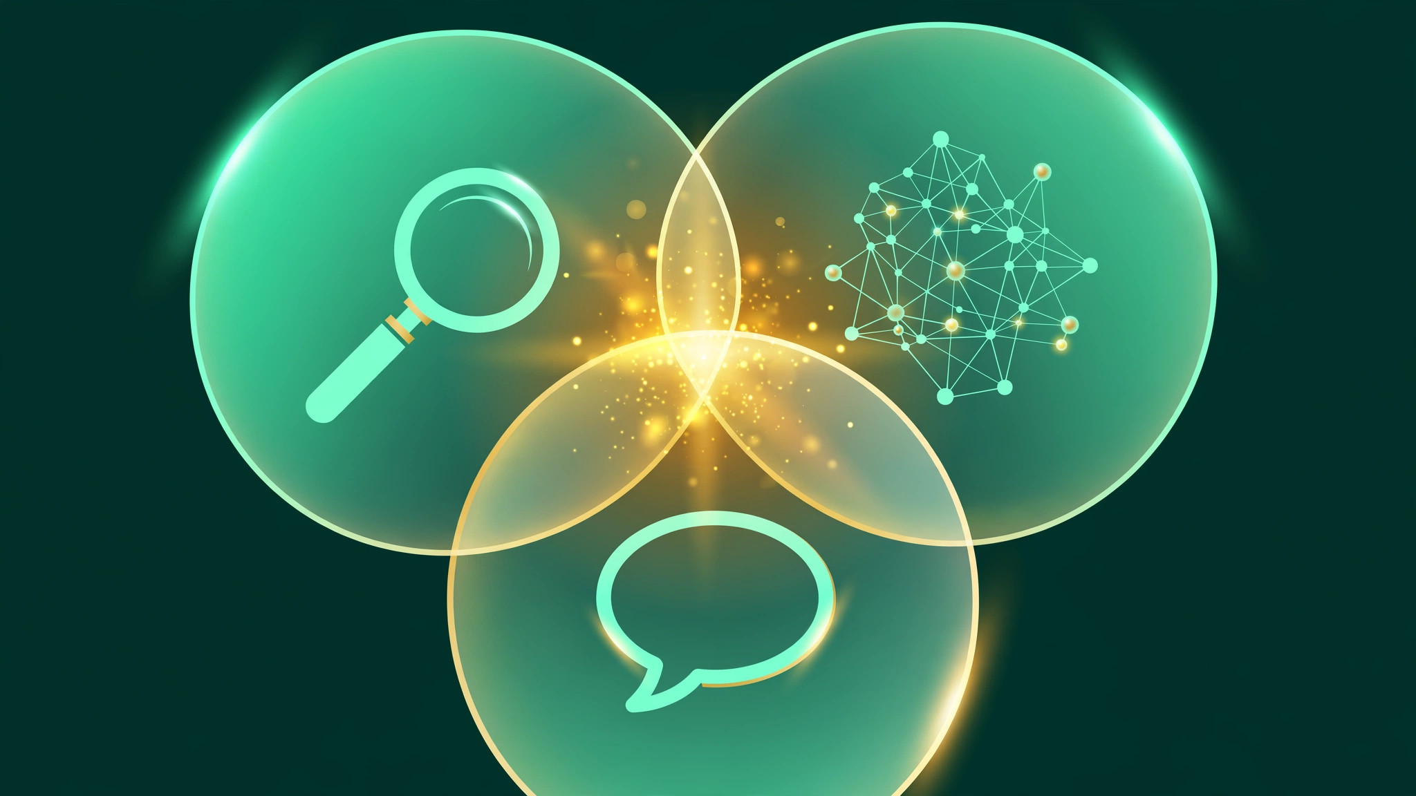 Illustration for the GEO vs SEO vs AEO guide: three overlapping circles for search, AI, and answers