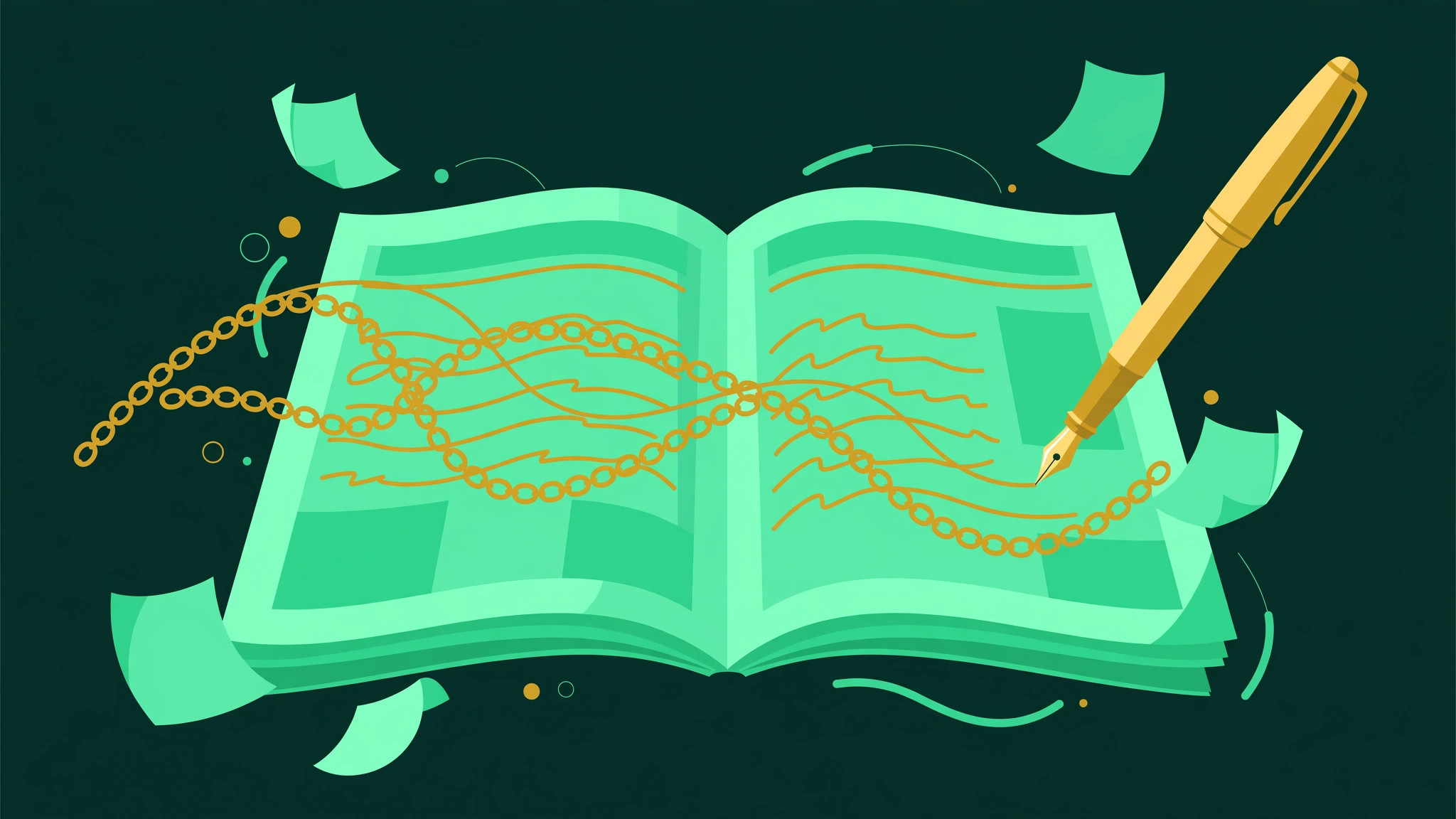 Illustration for the guest posting guide: a fountain pen writing on a newspaper with a link chain