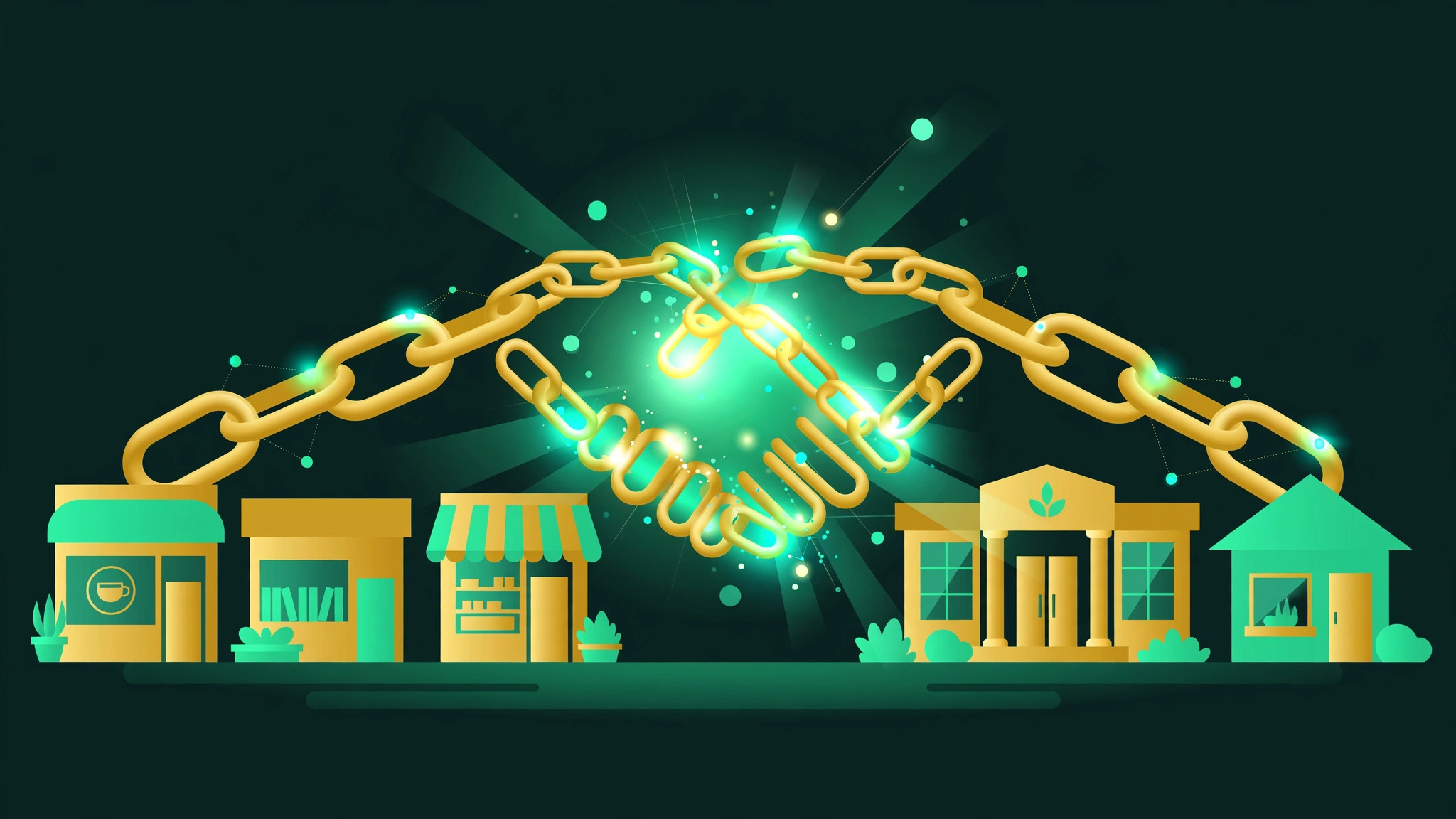 Illustration for the local backlinks guide: gold chain links connecting local storefronts